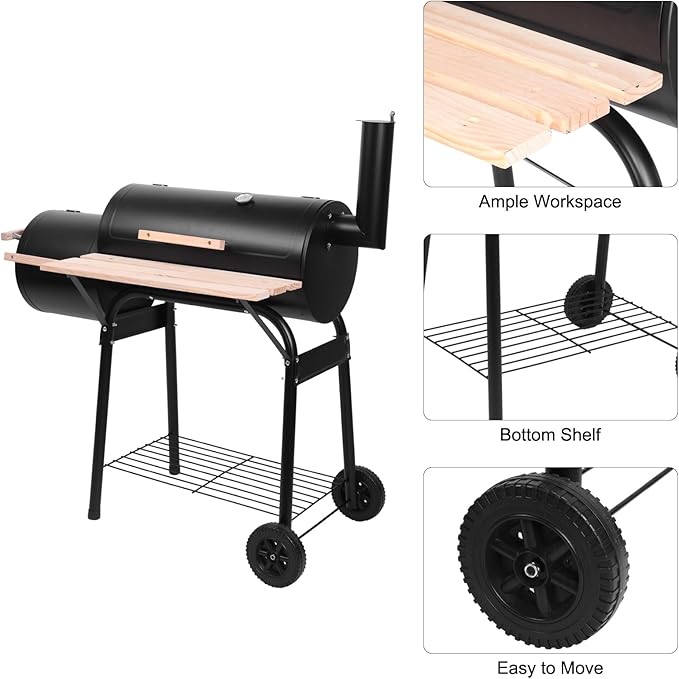 Charcoal Grill Offset Smoker with Offset Smoker, Wheels and Tray, Perfect for Backyard Cooking, Outdoor Camping