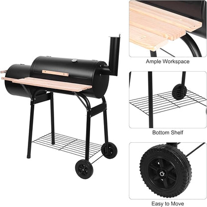 Charcoal Grill Offset Smoker with Offset Smoker, Wheels and Tray, Perfect for Backyard Cooking, Outdoor Camping