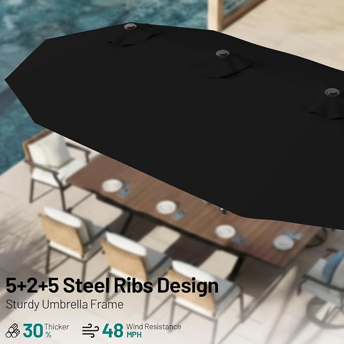 AreShark 15FT Outdoor Patio Umbrella with Crank, Large Rectangular Market Umbrella, Double-Sided Outdoor Umbrellas with Cross Base & Sandbag for Porch, Lawn, Pool, Backyard, Black