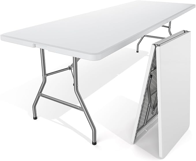 Sweetcrispy 8 FT Folding Picnic Table Easy to Fold and Store, Foldable Table for Camping Picnic Dining Party Kitchen Outdoor Indoor with Carrying Handle