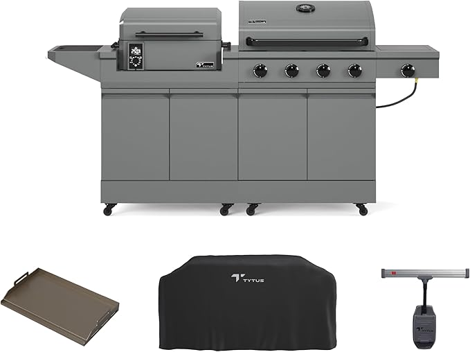 Tytus Anaheim 4-Burner Gas Grill with Prep Cart and Pellet Smoker Grill + Cover, Light, Griddle Insert - Modular Outdoor Kitchen, Quick Assembly, Outdoor Cooking, Kitchen Island for BBQ