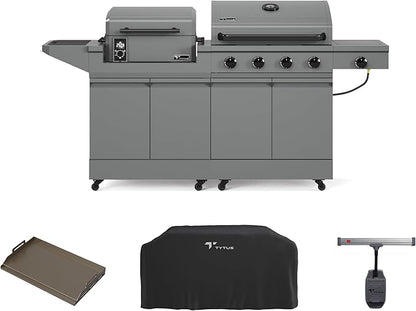 Tytus Anaheim 4-Burner Gas Grill with Prep Cart and Pellet Smoker Grill + Cover, Light, Griddle Insert - Modular Outdoor Kitchen, Quick Assembly, Outdoor Cooking, Kitchen Island for BBQ