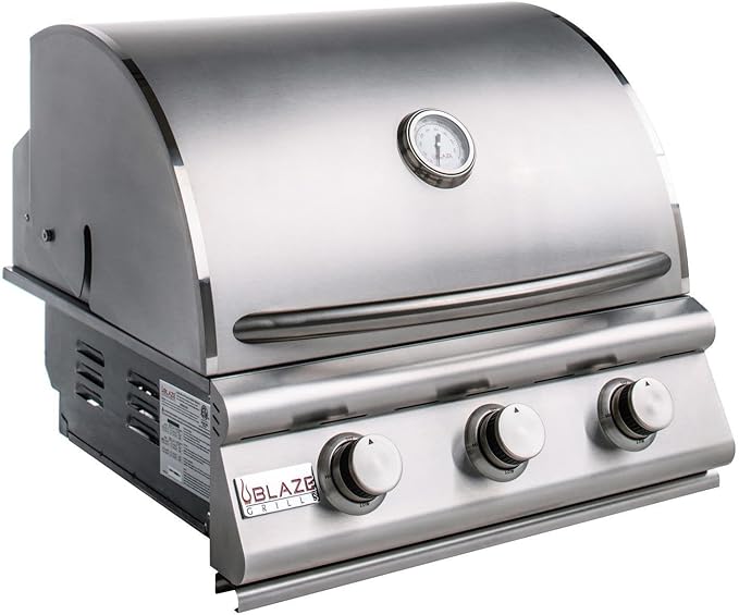 Blaze Prelude LBM Built-In Natural Gas Grill | 25-Inch 3-Burner BBQ with 42,000 BTUs | 304 Stainless Steel Construction | Flame Stabilizing Grids | BLZ-3LBM-NG