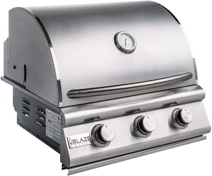 Blaze Prelude LBM Built-In Natural Gas Grill | 25-Inch 3-Burner BBQ with 42,000 BTUs | 304 Stainless Steel Construction | Flame Stabilizing Grids | BLZ-3LBM-NG