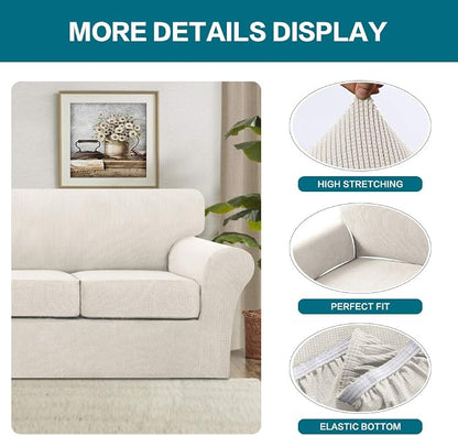 Turquoize 4 Piece Sofa Covers for 3 Cushion Couch Sofa Slipcover Soft Couch Cover for Dogs-Washable Sofa Furniture Covers with 3 Individual Large Cushion Covers, Feature Thick Fabric (XL Sofa, Ivory)