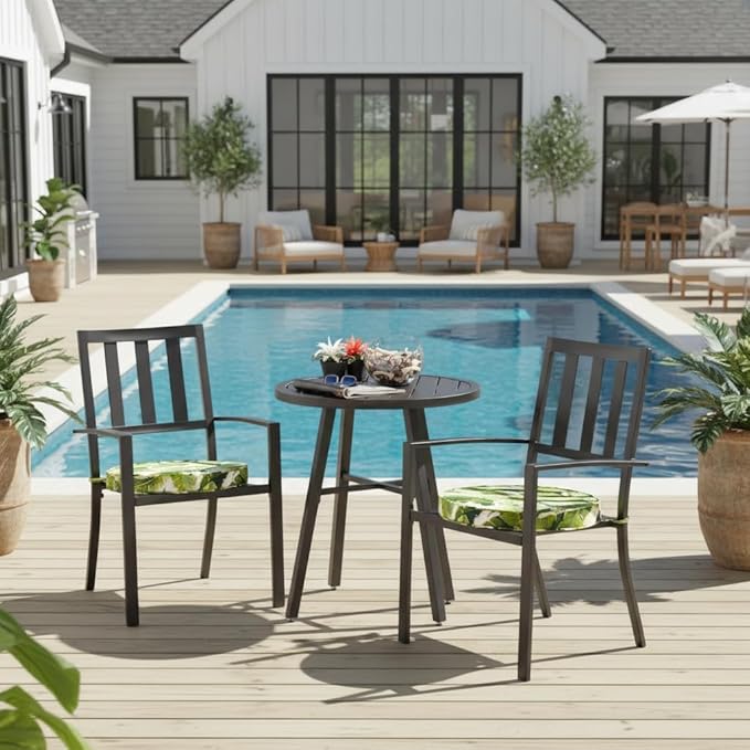 Set of 2 Outdoor 18 inch Round Patio Dining Chair Pads – Comfortable Fiber-Filled Seat Cushions with Ties, Reversible Polyester Fabric - Palm Leaves White