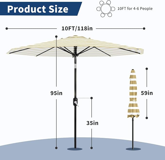 GarveeLife 10FT Patio Umbrella Outdoor, Market Umbrella, Table Umbrella with Push Button Tilt and Crank, 8 Sturdy Ribs UV Protection Waterproof for Garden, Pool, Deck, | Table Umbrella UV Protection Waterproof for Garden, Pool, Market, Deck (Brown & Wh...