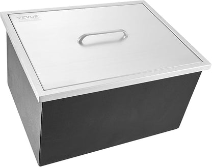 VEVOR Drop in Ice Chest, 22" L x 17" W x 12" H Stainless Steel Ice Cooler, Commercial Ice Bin with Cover, 46 qt Outdoor Kitchen Ice Bar, Drain-Pipe and Drain Plug Included, for Cold Wine Beer