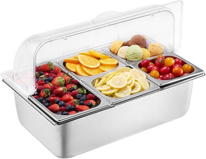 VEVOR Countertop Food Serving Display Container, 5 Pan Stainless Steel Food Serving Tray, Buffet Condiment Dispenser Display Rack with Clear Lid & 3 Freezer Boxes, for Restaurant Hotel Kitchen Party