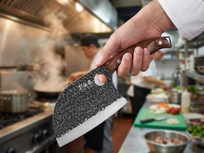 3PCS Butcher Knife Set, 7" Butcher Meat Cleaver, 7" Serbian Chef Knife and 6.5" Viking Knife, Hand Forged Kitchen Knife Set with Plastic Handle, Geat for Home, Camping, BBQ (Unique Finger Hole Design)