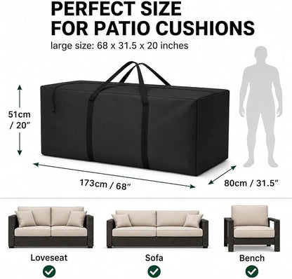 Cushion Storage Bag 420D Waterproof 68" Rectangular Outdoor Patio Cushion Storage Bags — Outdoor Cushions Storage Bag with Zipper and Handles Extra Large Storage Bags 68" L x 29" H x 20" W Black