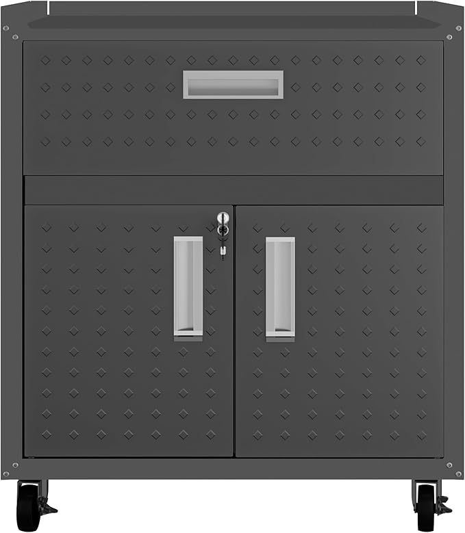 Manhattan Comfort Fortress Rolling Garage Storage Cabinet with Drawer & Adjustable Shelves, Lockable Metal Compartment for Tools, Heavy-Duty Mobile Utility Organizer with Wheels, Charcoal Gray