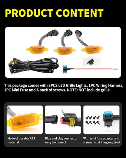 Amber LED Lights 3PCS Front Grille Raptor Lamps Car Accessories with Harness and Fuse, Compatible with 2004-2019 for-d F150 & 2013-2018 Ram 1500 Raptor Style Aftermarket Grille
