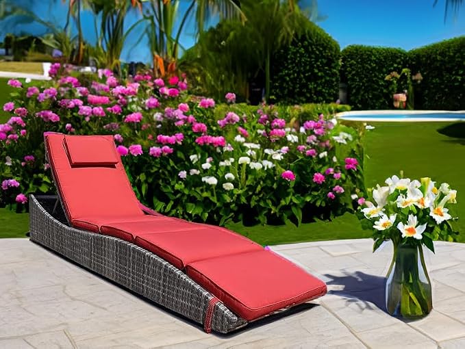 BTEXPERT Foldable Outdoor Chaise Pool Lounge Chair Folding Wicker Rattan Sun Bed Patio Couch Reclining Lounger Adjustable Padded Backrest Pillow Assembled - Red Burgundy