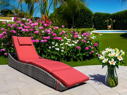 BTEXPERT Foldable Outdoor Chaise Pool Lounge Chair Folding Wicker Rattan Sun Bed Patio Couch Reclining Lounger Adjustable Padded Backrest Pillow Assembled - Red Burgundy