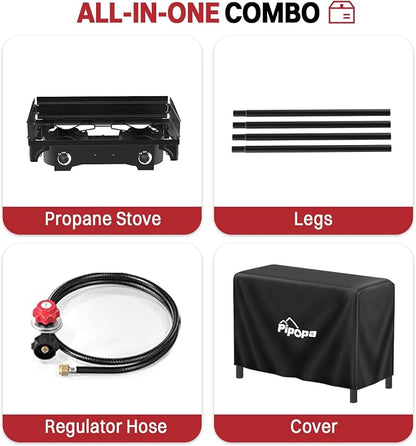 2 Burner Propane Camp Stove | 150,000 BTU | High Pressure Gas Burners | CSA Certified | Windscreen | Waterproof Cover | Detachable Legs | Ideal for Camping Tailgating Backyard Outdoor Cooking