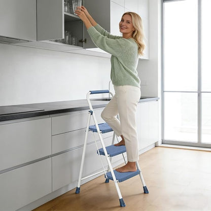 NEWBULIG 3 Step Ladder, Folding Step Stool for Adults with Safety Lock | Anti-Slip Design, Portable Foldable Ladder for Home Kitchen, Garage & Outdoor Use, Blue