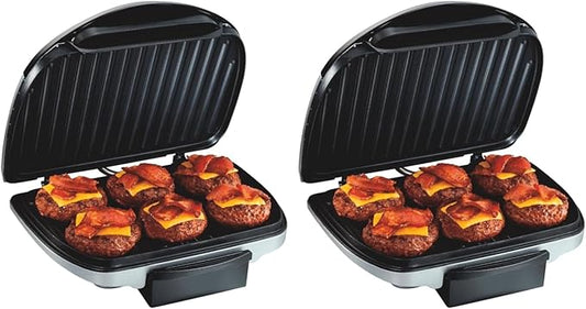 Hamilton Beach Electric Indoor Grill, 6-Serving, Large 90 sq. in. Nonstick Easy Clean Plates, Floating Hinge for Thicker Foods, 1200 Watts, 6.38"D x 12.68"W x 13.78"H, Silver (25371), (Pack of 2)