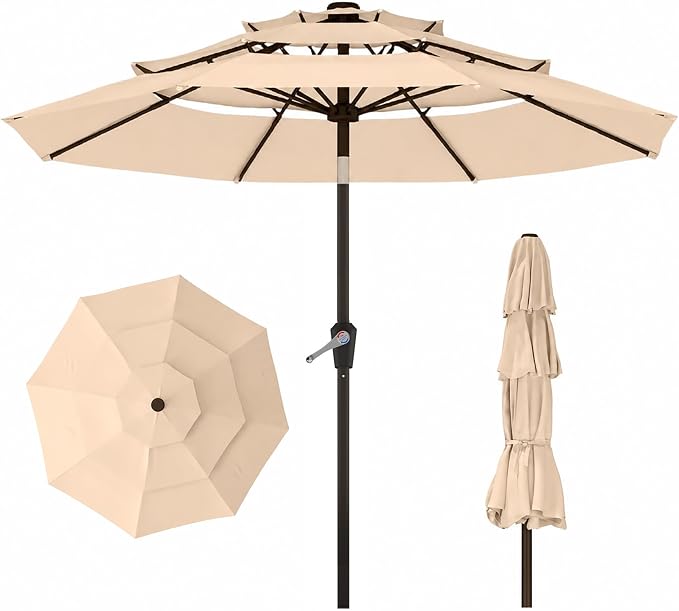 10ft 3 Tier Patio Umbrella, Outdoor Market Table Umbrella with UPF 50+ Vented Canopy, 8 Sturdy Ribs, Easy Push Button Tilt and Crank, Windproof for Deck, Pool, Backyard and Garden