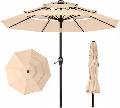 10ft 3 Tier Patio Umbrella, Outdoor Market Table Umbrella with UPF 50+ Vented Canopy, 8 Sturdy Ribs, Easy Push Button Tilt and Crank, Windproof for Deck, Pool, Backyard and Garden