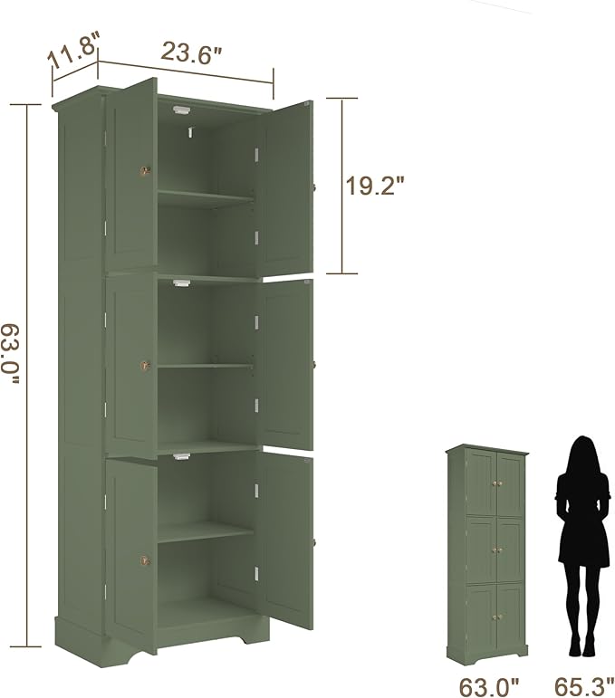 ChooChoo 63.2" Tall Bathroom Storage Cabinet with 6 Doors | Freestanding Floor Cabinet, Adjustable Shelves, Pantry Cabinet for Bathroom, Kitchen, Laundry Room, Green