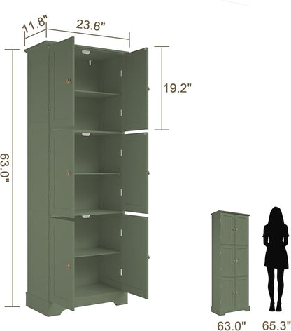 ChooChoo 63.2" Tall Bathroom Storage Cabinet with 6 Doors | Freestanding Floor Cabinet, Adjustable Shelves, Pantry Cabinet for Bathroom, Kitchen, Laundry Room, Green