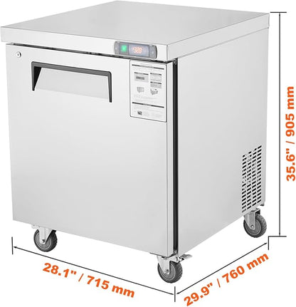 VEVOR 28" W Commercial Freezer Worktop, 7.4 Cu. Ft Undercounter Freezers with/Casters, <0~-8℉>Defrost Frozen Prep Table, Single Door Stainless Steel Food Frozen Prep Station for Restaurant, Diner