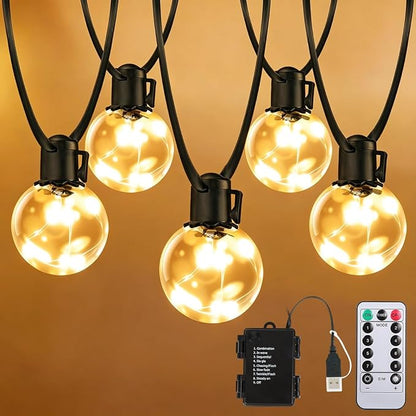 Outdoor String Lights Battery Operated, 20ft 15 LED Bulbs Lights | Warm White,Dimmable,Timer,Remote,Hanging Globe G40 Bulb Shatterproof & Waterproof for Patio Backyard Balcony Christmas Decor