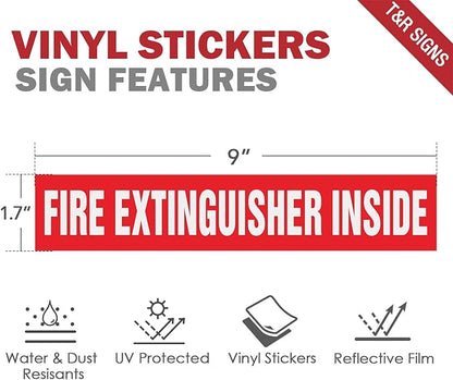T&R Fire Extinguisher Inside Sign Stickers - 10 Pack - 9" x 1.7" Self-Adhesive Vinyl Reflective, UV resistant, Waterproof, Fade and Scratch Resistant, Suitable for Vehicles Indoor and Outdoor - Red