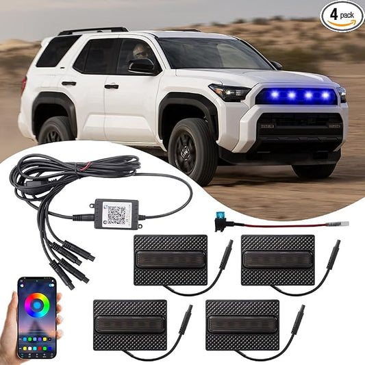 4PCS RGB Front Grill Lights Compatible with Toyota 4Runner SR SR5 2025 2026 | 8 Lighting Modes, with 4-in-1 Wire Harness Fuse Adaptor, LED Grille Light Bar for Toyota 4Runner 2025 2026