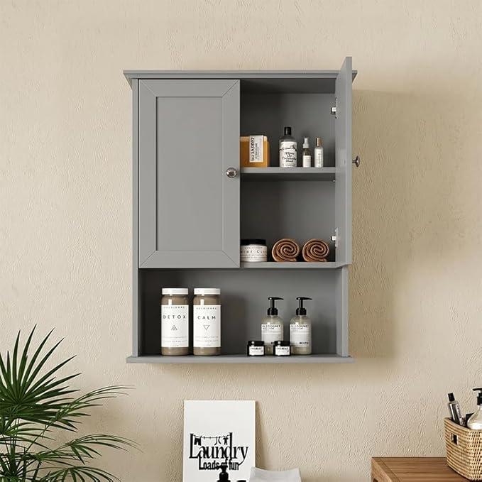 Medicine Cabinet, Over The Toilet Storage Cabinet, 24x30 Inch Wall Mount Bathroom Storage Cabinet with 2 Doors & Adjustable Shelf, Wooden Bathroom Wall Cabinet, Grey
