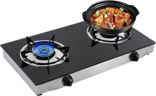 Gas Stove with 2 Burners, Portable Gas Stove with Independent Control, 2 Burners Gas Stove, Portable Tempered Glass Camping Burner, Countertop Gas Stove for Kitchen, Home and Commercial Use