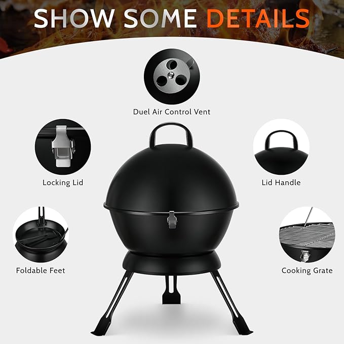 14-Inch Portable Barbecue Grill,Outdoor Small Grill with Dual Venting System and Warming Rack for Picnic, Camping, Backyard,Black