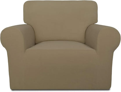 PureFit Super Stretch Chair Covers Fleece Couch Covers for Sofa Tan | 1-Piece Spandex Couch Cover Soft Couch Protector, Sofa Cover Washable with Non Skid Foam and Elastic Bottom for Kids, Dogs