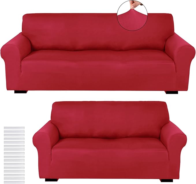 Peryiter 2 Pcs Couch and Loveseat Sofa Covers,Xmas Red,Milk Silk | Armchair Covers for Living Room, Sofa Cushion Slipcover 2/3 Seater, Furniture Protector, Polyester and Spandex, Washable