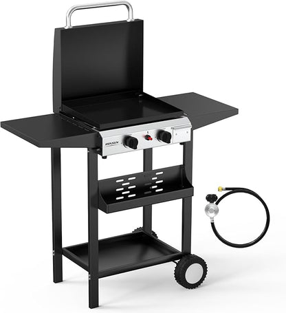 ROVSUN 2 Burner Portable Propane Griddle with Electronic Ignition, 20000 BTU Rolling Flat Top Gas Grill with Enameled Tray & Lid, Side Shelves & Regulator for Outdoor Cooking Camping BBQ Tailgating