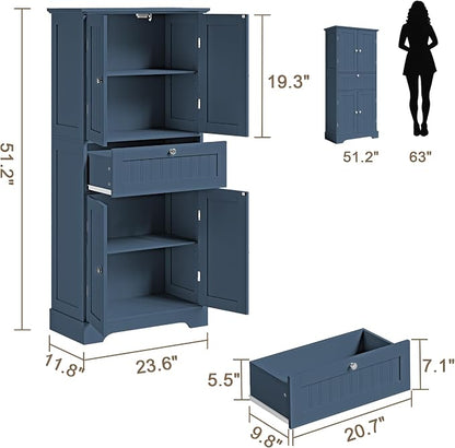 ChooChoo 51" H Bathroom Floor Cabinet with Drawers and Adjustable Shelves | Bathroom Storage Cabinet, Freestanding Kitchen Pantry Cupboard with 4 Doors for Living Room, Blue