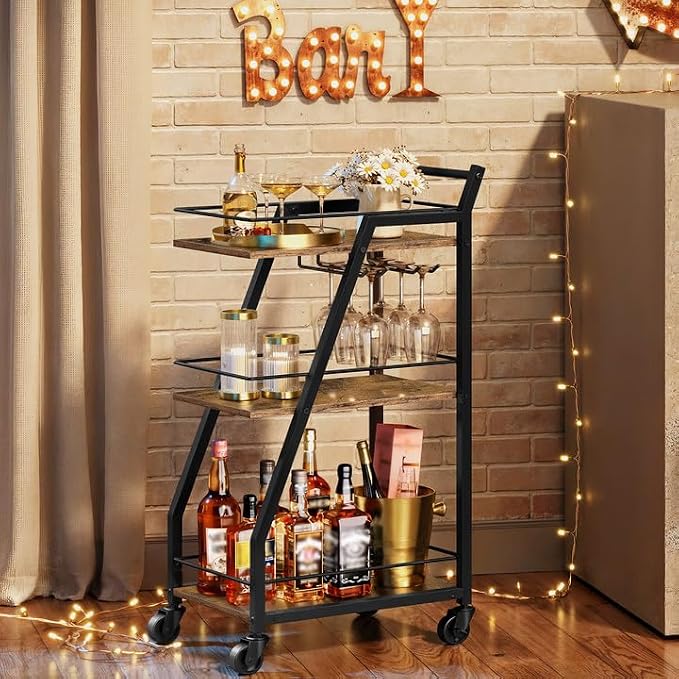 Bar Cart, 3-Tier Home Bar Serving Cart with Wheels, Drink Cart with Glass Holder, Beverage Cart, Rolling Kitchen Cart, for Home, Living Room, Rustic Brown and Black BC03BR