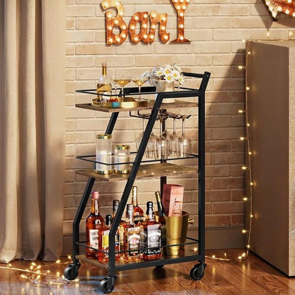 Bar Cart, 3-Tier Home Bar Serving Cart with Wheels, Drink Cart with Glass Holder, Beverage Cart, Rolling Kitchen Cart, for Home, Living Room, Rustic Brown and Black BC03BR