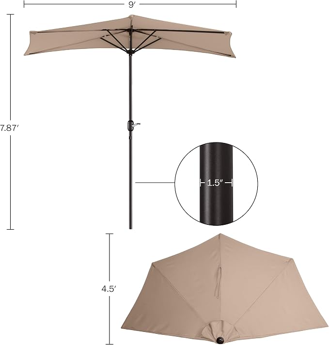 Pure Garden Half Umbrella Outdoor Patio Shade, Beige, 9ft