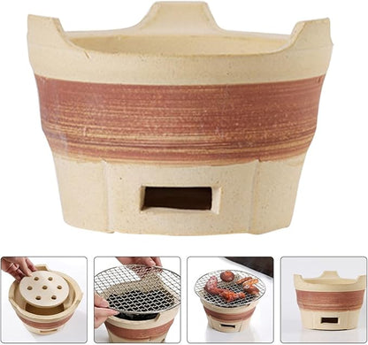 minkissy Outdoor Charcoal Barbecue Stove Clay Grill Large Brown Ceramic Camping Coal Stove for Backyard and Picnic Cooking