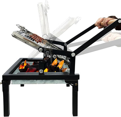 Rotating BBQ Grill, Foldable Flipping Charcoal Grill with 360 Degree Rotating Cooking Grille, Cooking Grill with Adjustable Tray, Suitable for Outdoor Camping Picnicking Backyard Garden Parties