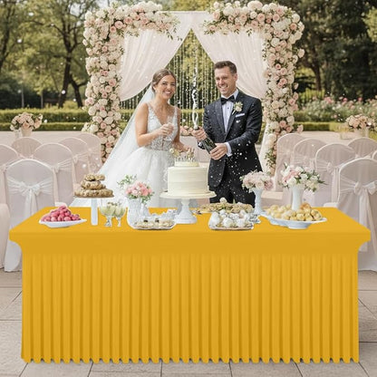 Smiry 2 Pack Spandex Elastic Fitted Table Cloth Skirt for 6FT Table | Stretch Washable Table Cloth, Banquet Table Cover for Wedding, Party, Indoor & Trade Shows, (Mustard Yellow, 72Lx30Wx30H)