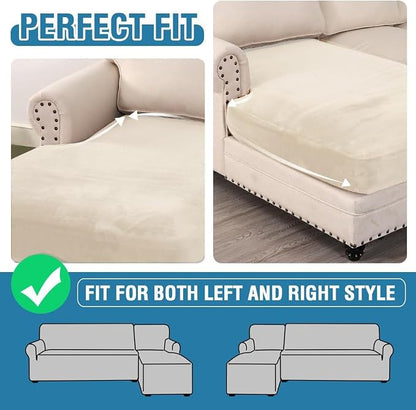 H.VERSAILTEX Velvet Stretch Individual Chaise Cover Sectional Couch Covers for L Shaped Sofa Both Left/Right Furniture Protector Seat Cushion Sofa Cover (1 Piece Chaise Cover, Cream)