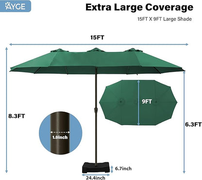 Ayge 15FT Patio Umbrella with Base,Large Outdoor Double-Sided Rectangle Umbrella with Crank Handle, Market Umbrella for Poolside Garden Deck Backyard Beach Pools,Green