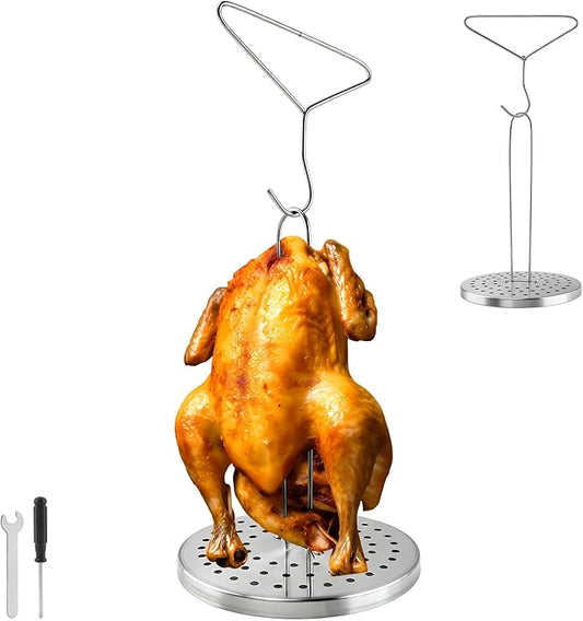 Stainless Steel Turkey Fryer Stand Kit,Turkey Rack,Vertical Turkey Roasting Stand with Chrome Finish Wire Handle Lifter Hook for Deep Fry Grill Oven BBQ