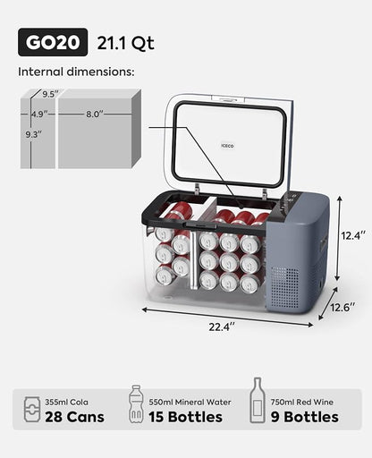 ICECO GO20 Dual Zone 12V Refrigerator, Portable Fridge Freezer with SECOP Compressor, DC 12/24V, AC 100-240V, 0℉ to 50℉, Electric Cooler for Truck, RV, SUV, Outdoor, Driving, 21 Quart, Gray