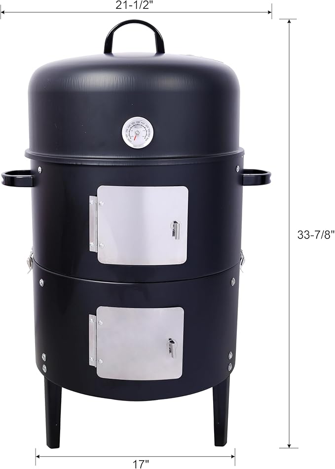 17 Inch Heavy Duty Steel Charcoal Smoker, Round BBQ Grill, Portable Outdoor Barbecue Grill for Backyard Camping Party Cooking, Black