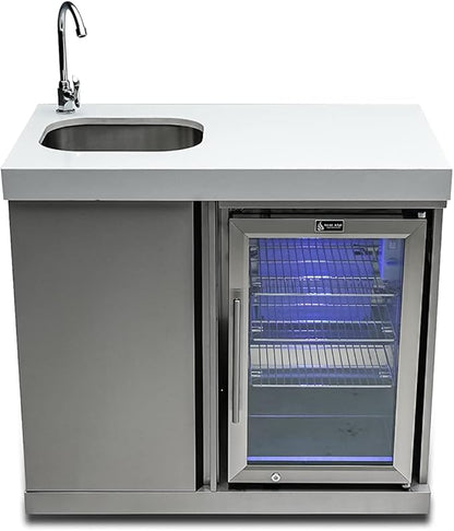 Mont Alpi 38"W x 23"D x 46"H Stainless Steel Beverage Center with Faucet & Sink + 2.7 Cu. Ft. Outdoor Refrigerator Lockable Wine Cooler & Accent Lighting + 3 Adjustable Shelves & Base Storage Cabinet