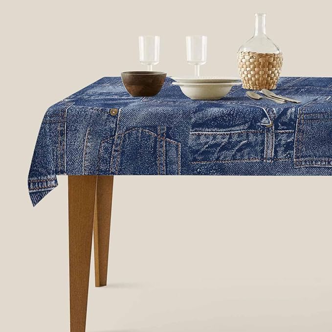 TKS MITLAN Denim-Style Indigo Rectangle Tablecloth - 60x84 Inch (6-8 Seats) Polyester Decorative Cover for Dining, BBQ, Picnic, Coffee Table Retro Denim Pocket Print, Non-Denims Material